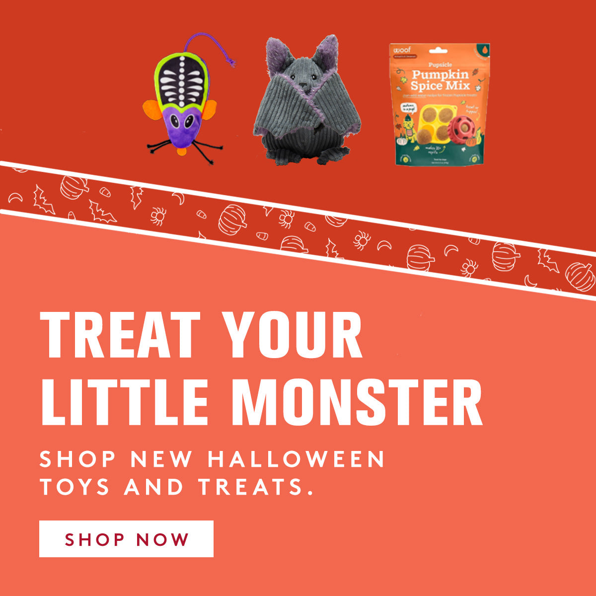 Promotional graphic for Halloween toys and treats with two plush toys and a package on an orange background.