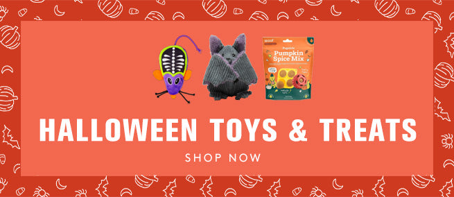 Promotional banner for Halloween toys and treats with cartoon characters and a product on an orange background.