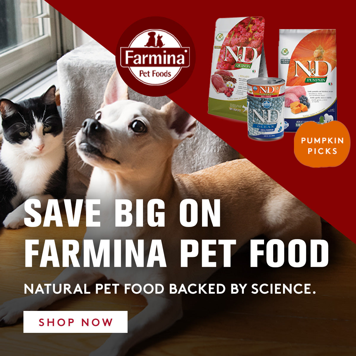 Advertisement for Farmina Pet Foods to save big featuring a dog and cat with product packaging.