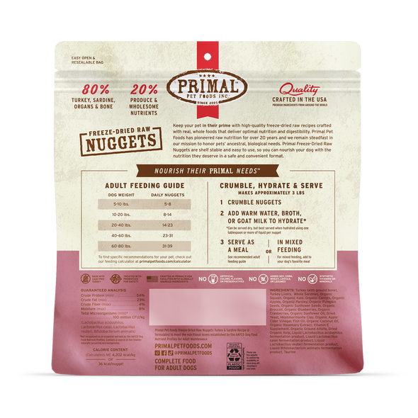 Primal Freeze Dried Nuggets Grain Free Turkey and Sardine Formula Dog Food