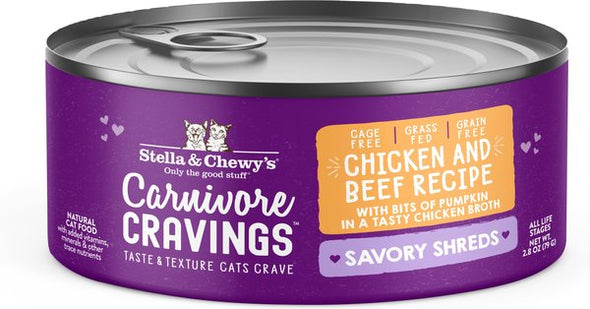 Stella & Chewy's Carnivore Cravings Savory Shreds Chicken & Beef Dinner in Broth Wet Cat Food