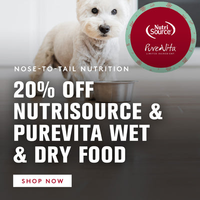 nose-to-tail nutrition. 20% off nutrisource and purevita wet and dry food. click to shop now.