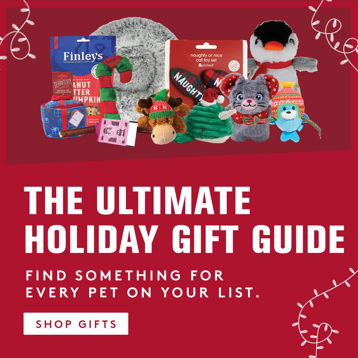 Promotional image for a holiday gift guide with pet toys and products on a red background.  CTA to shop gifts.