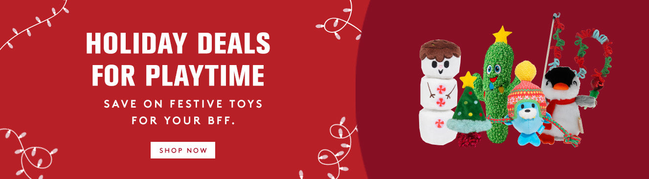 Red banner with festive toys and holiday deals text on a red background