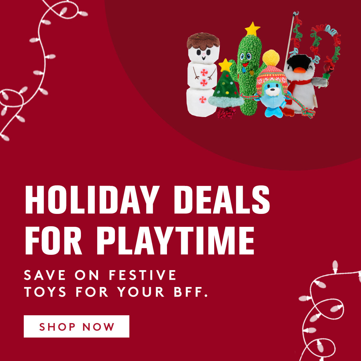 Promotional graphic for holiday deals on toys with cartoon characters on a red background.