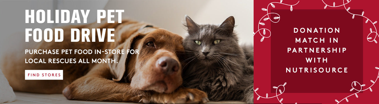 Dog and cat lying together with promotional text for a holiday pet food drive and donation match partnership.