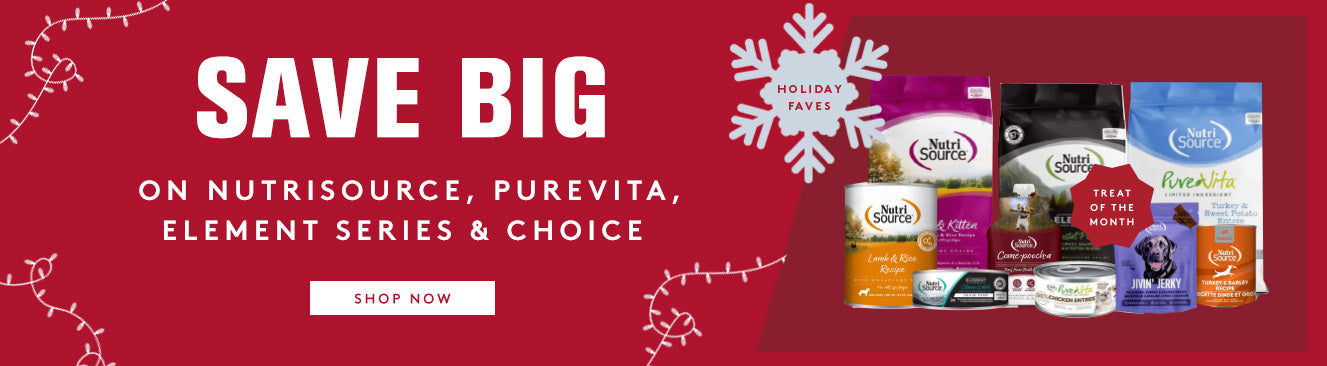Promotional banner for Nutrisource, Purevita, Element Series, and Choice pet products with a red background and snowflake design.