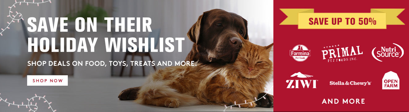 Promotional banner with a dog and cat lying together, featuring text and brand logos.