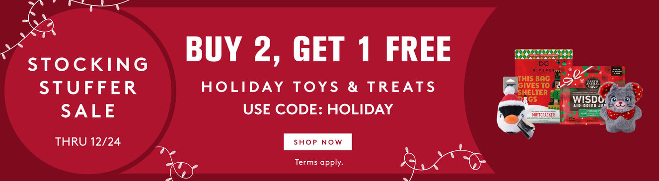 Promotional banner for a stocking stuffer sale with holiday toys and treats on a red background.
