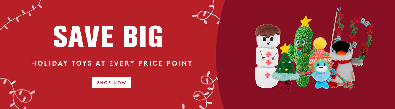 Red promotional banner with holiday toys and text 'Save Big' on a red background