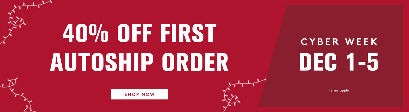 Red Cyber Week promotional banner with text for 40% off autoship and a 'Shop Now' button.
