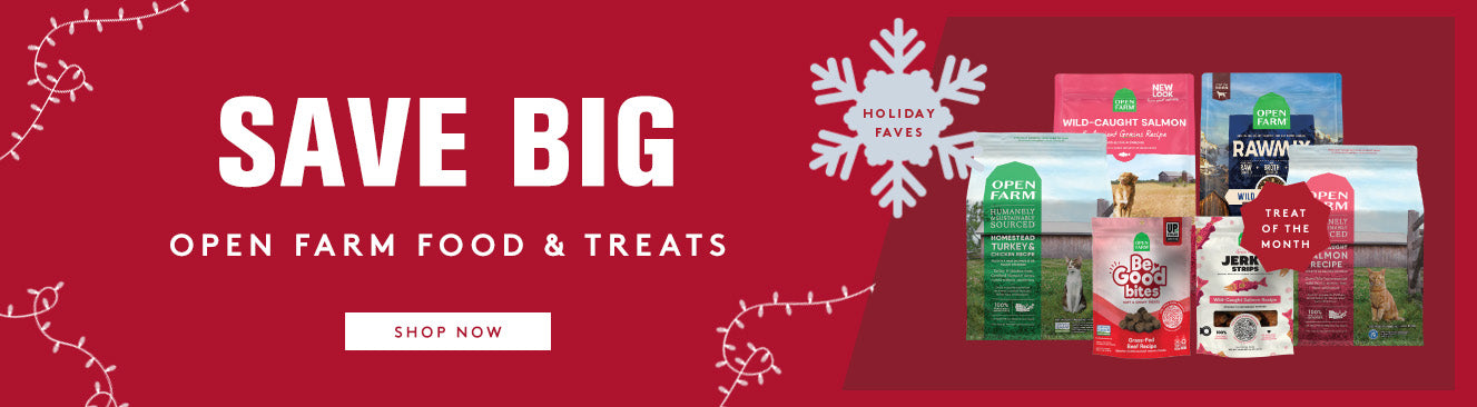 Promotional banner for Open Farm Food & Treats with holiday-themed packaging on a red background.