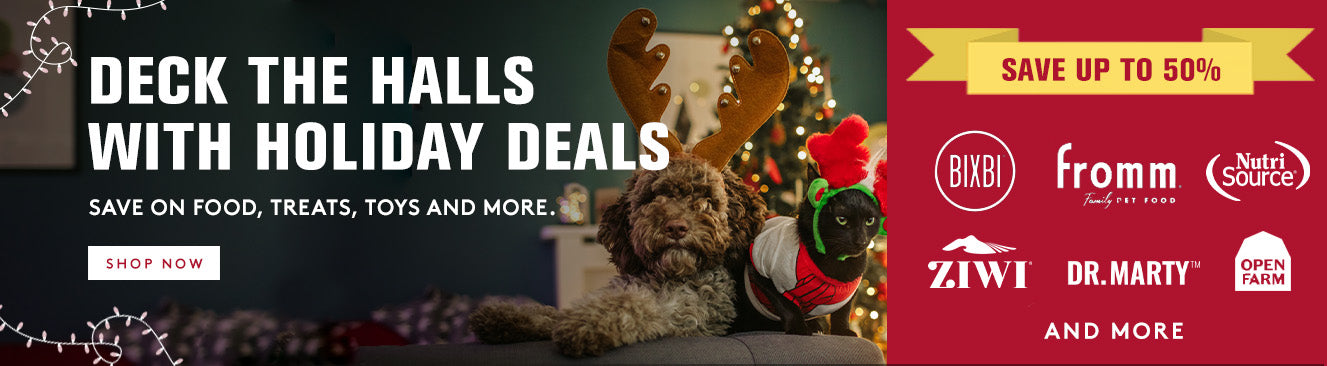 Promotional banner for holiday deals with pets in festive costumes and brand logos.