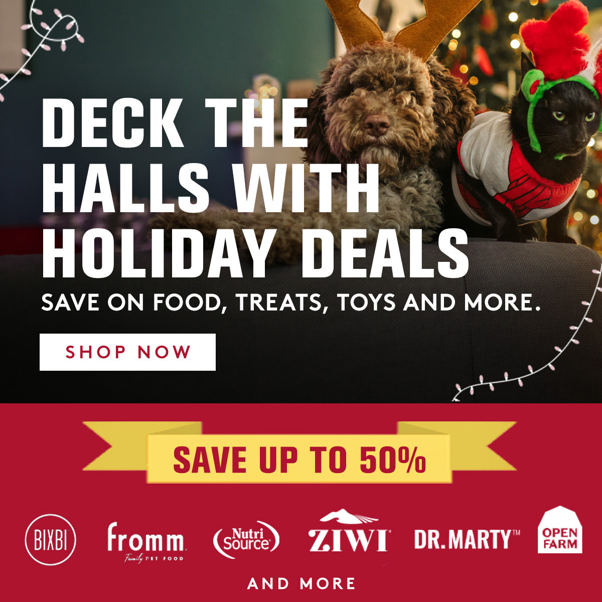 Two dogs in holiday costumes with promotional text for holiday deals on pet products.