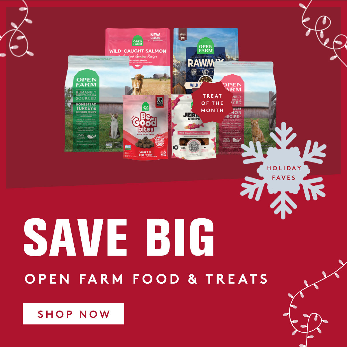Promotional image of Open Farm food and treats packages on a red background with holiday-themed graphics.