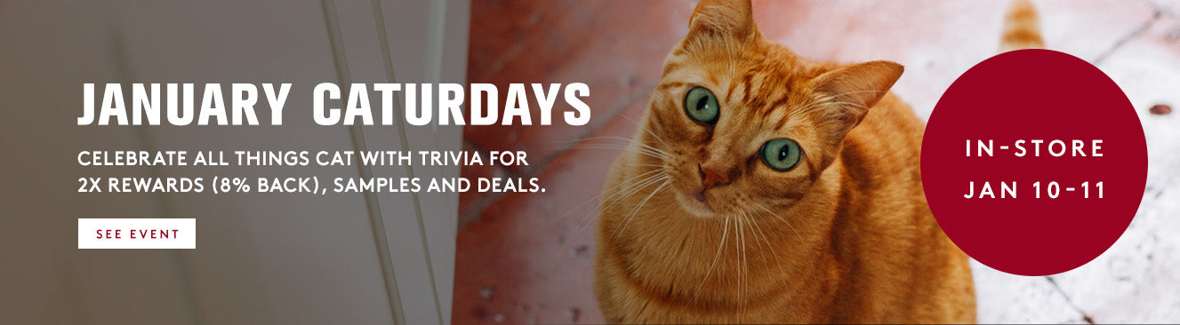 Promotional banner for 'January Caturdays' event featuring a cat with text about trivia, rewards, samples, and deals.
