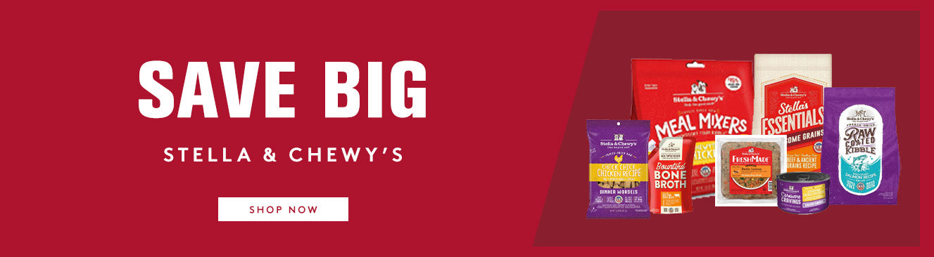Stella & Chewy's pet food products on a red background with promotional text.
