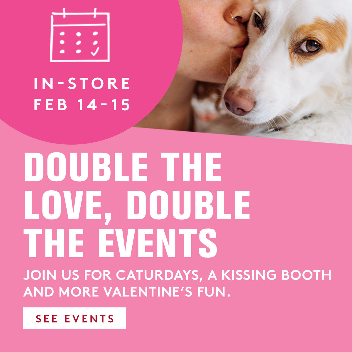 Promotional poster for Valentine's Day events with a dog and person on a pink background.