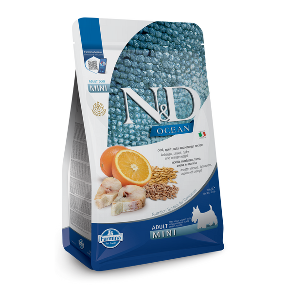 Farmina N&D Ocean Ancestral Grain Cod, Spelt, Oats & Orange Mini Adult Farmina N&D Ocean Ancestral Grain Cod, Spelt, Oats & Orange Mini Adult