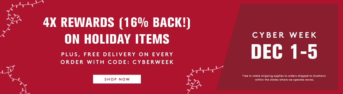 Red promotional banner for Cyber Week with text about rewards and free delivery.