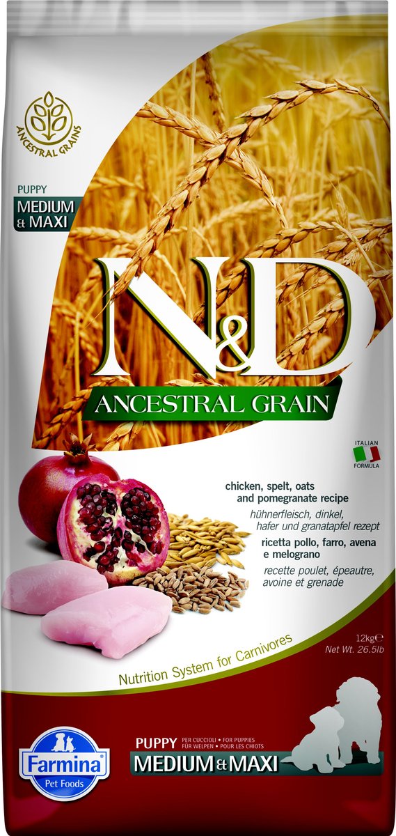 Farmina N&D Natural & Delicious Ancestral Grain Medium & Maxi Puppy Chicken & Pomegranate Dry Dog Food
