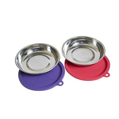 Messy Mutts Two Stainless Saucer Shaped Cat Bowls and Two Silicone Lids